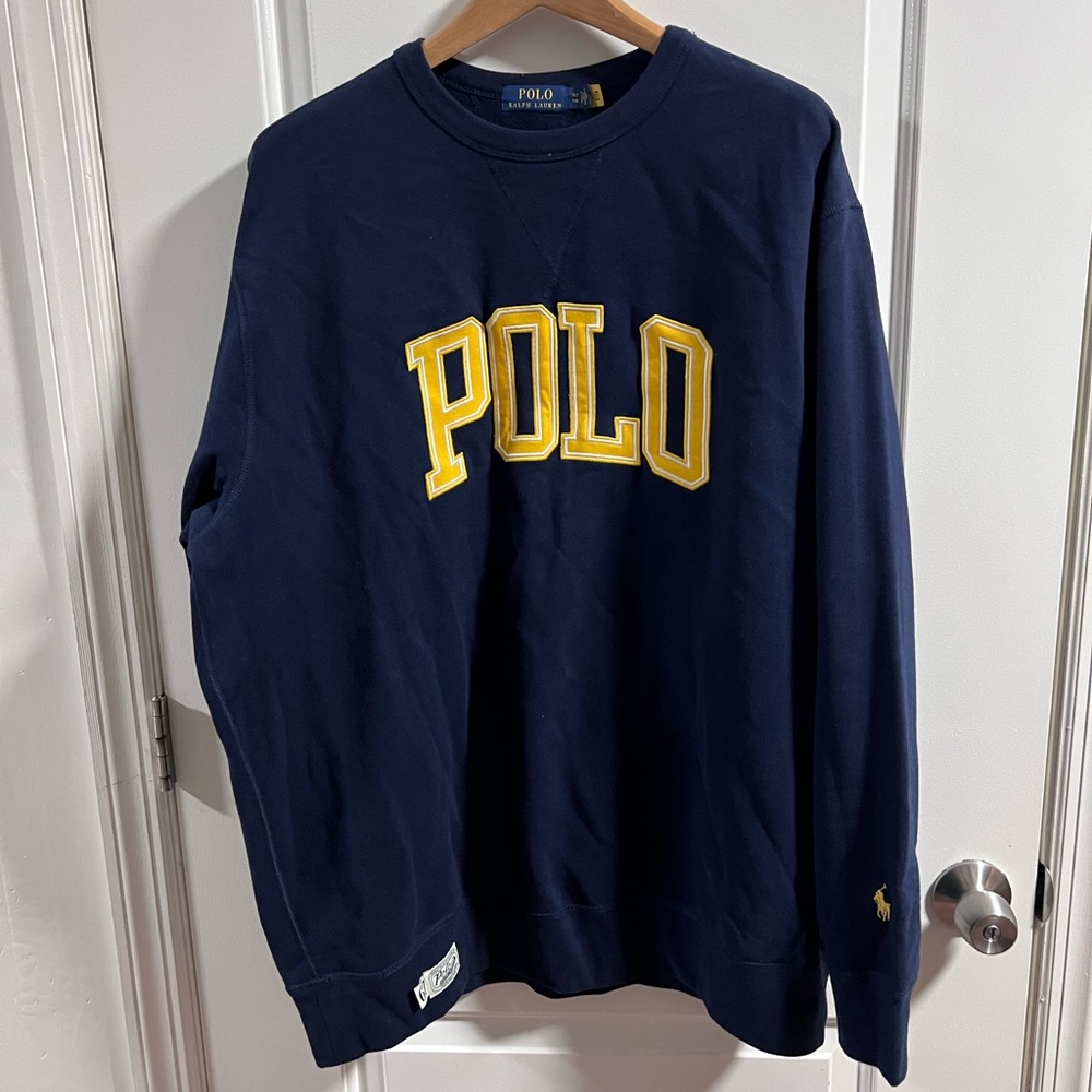 Vintage Polo by Ralph Lauren Men's Blue Sweater with Yellow Logo size XLT